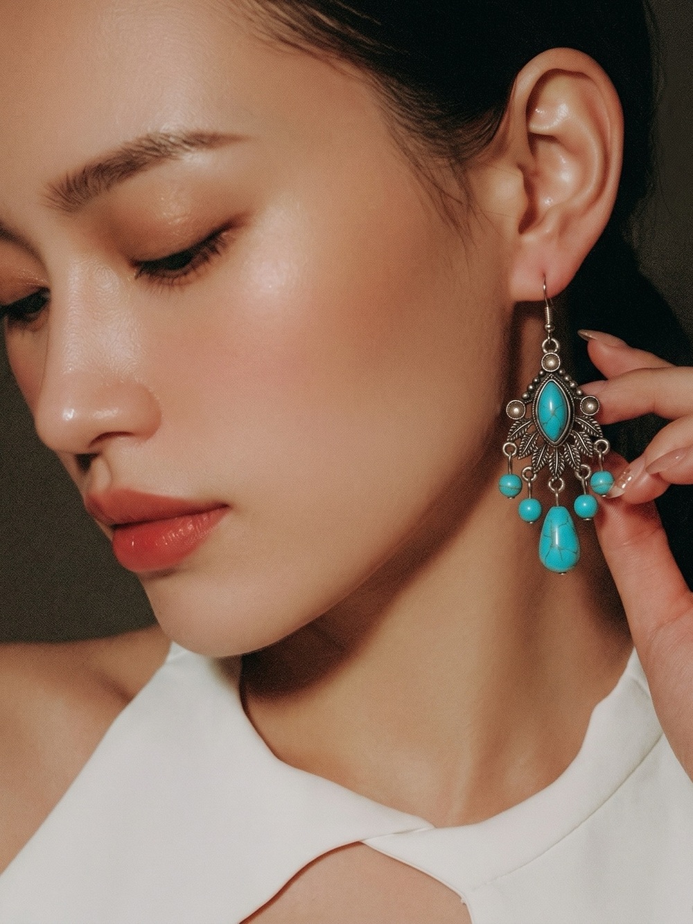 Source Unknown Turquoise Drop Earrings with Silver-Tone Filigree